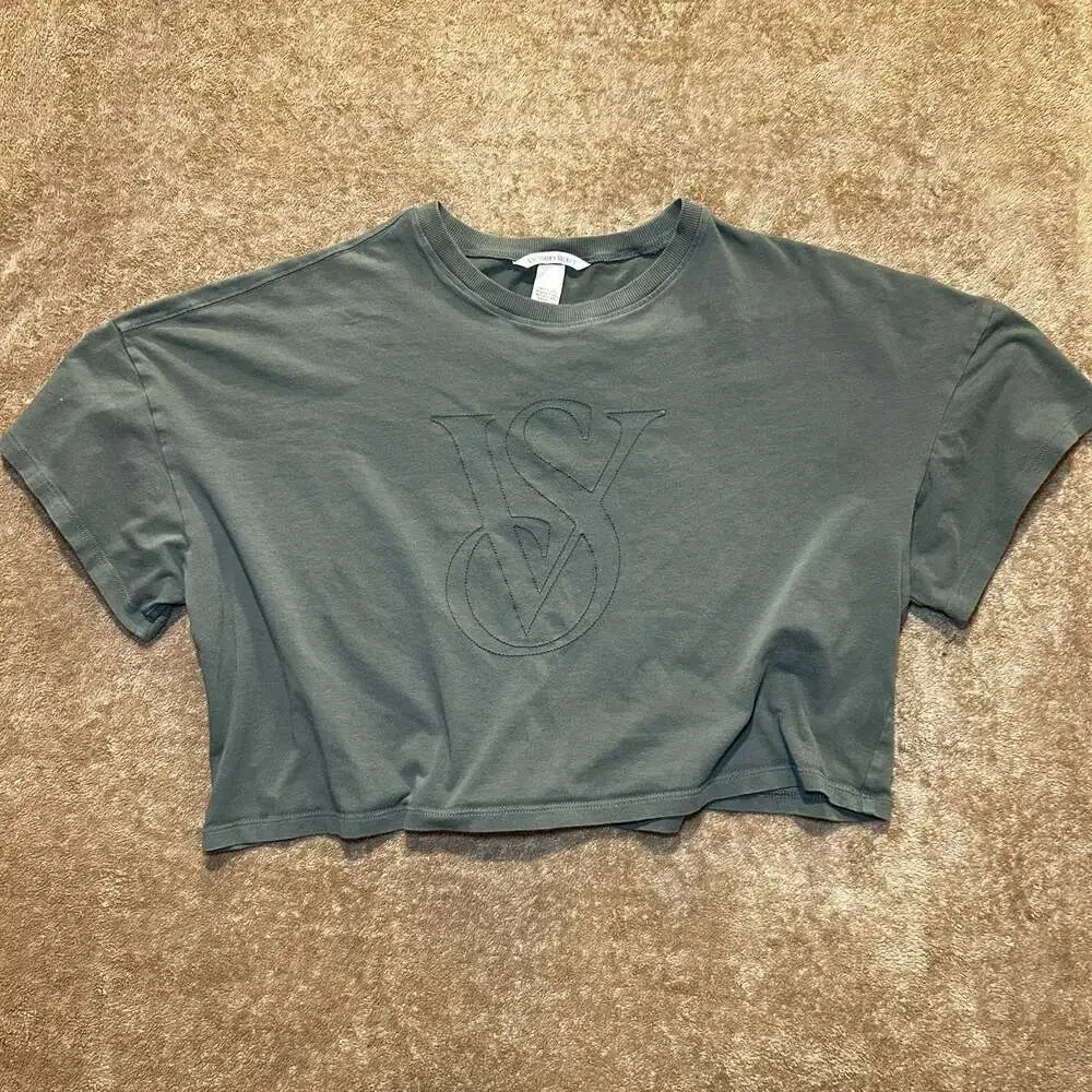 Victoria's Secret Green Crop T-Shirt with VS Logo, Size XL